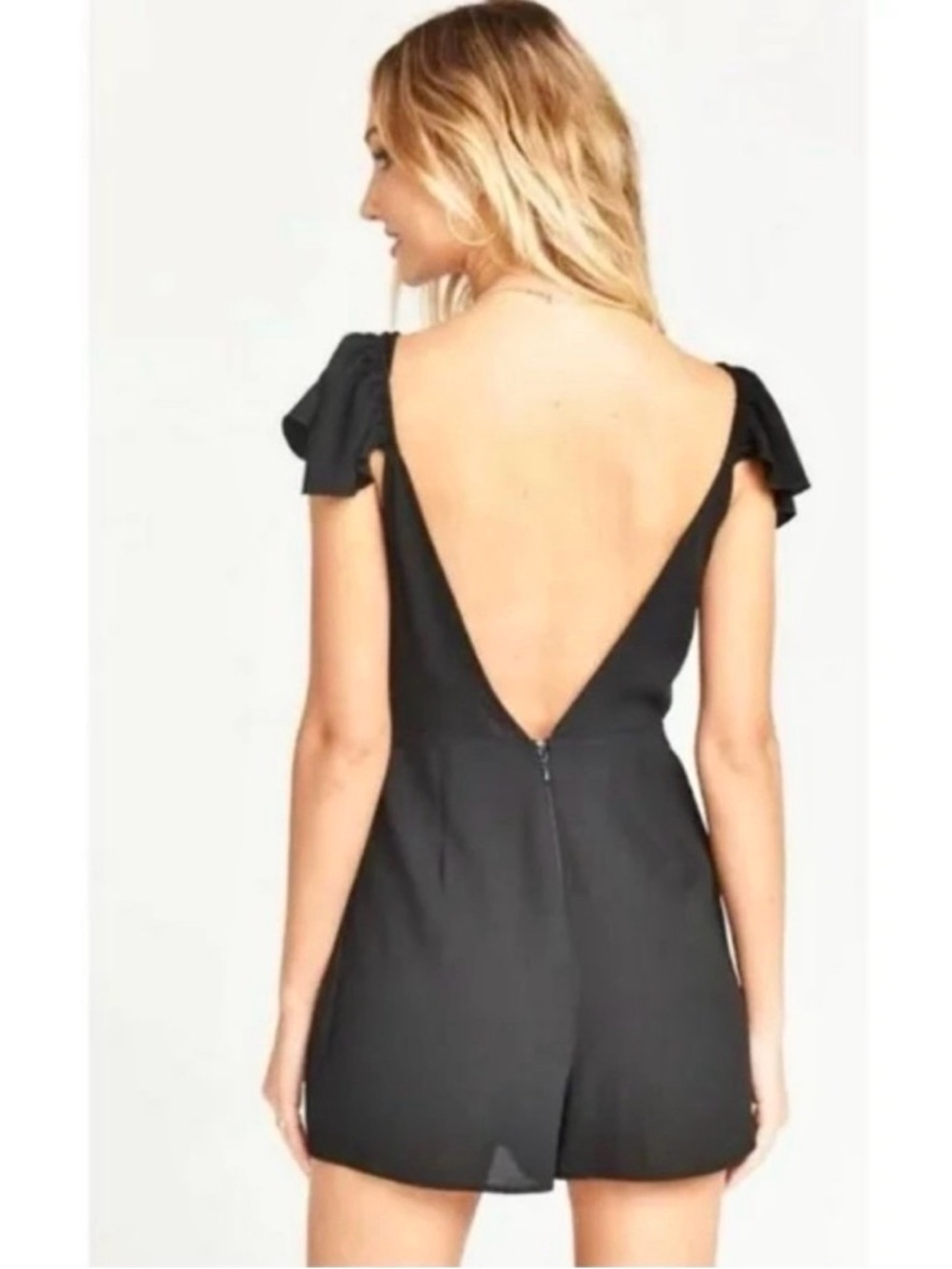 Show Me Your Mumu Black Wrap Romper with Tie & Shoulder Flutter Sleeve Sz M - Picture 5 of 14